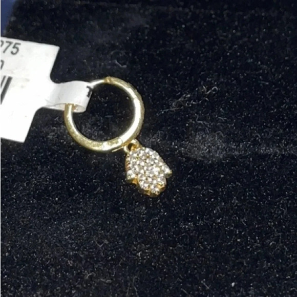 14K Solid Gold  Belly Ring Hoop with pave stone CZ stones Dangling Hamsa Charm - Picture 6 of 13